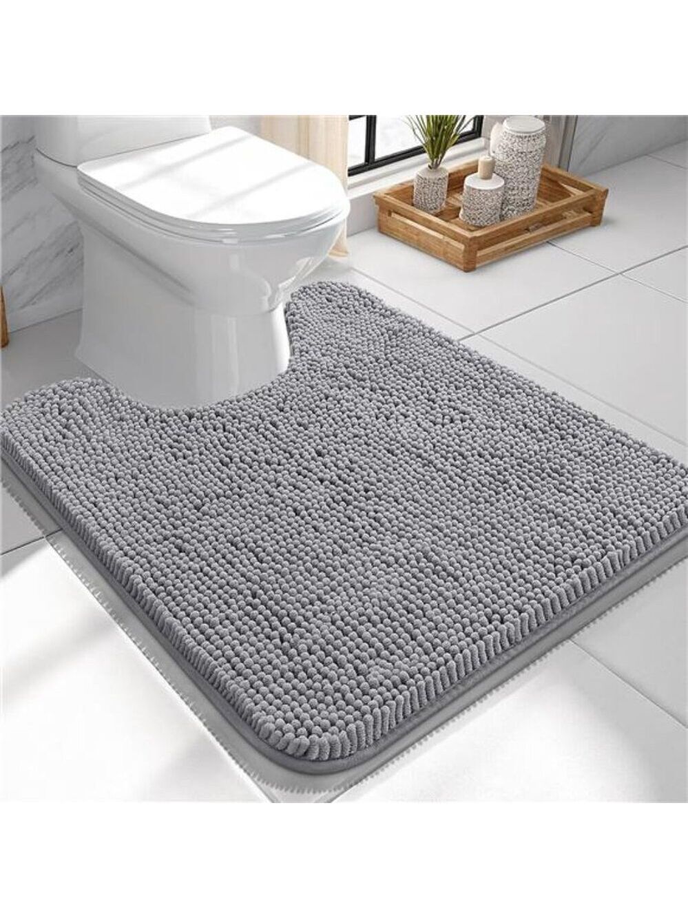 Chenille Toilet Rug U Shaped Bath Mat Soft Absorbent Non Slip Bathroom Rug Grey
